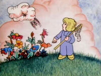 cartoon a boy chases a butterfly and watches the clouds