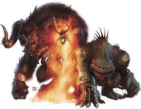 A goristro, immolith, and hezrou