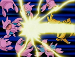 Electabuzz usando puño trueno contra los Gligar.