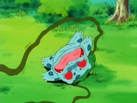 EP010 Bulbasaur debilitado tras el impactrueno de Pikachu