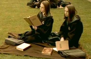 Flora and Hestia Carrow studying at Transfiguration Courtyard