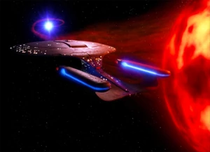 The USS Enterprise-D above one of the stars in a binary star system in the Kavis Alpha sector. (TNG: "Evolution")