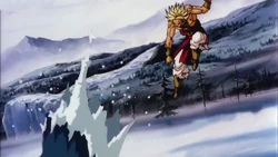 Broly throws Goten and Trunks down into the water at the end of the Revenge Demon rush