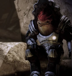 Wrex on his throne at Urdnot Camp, Tuchanka