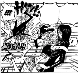 Robin wird von Nami und Chopper umarmt, während Sanji in den Schiffsmast rauscht