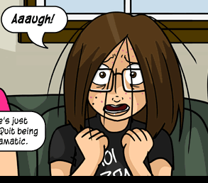 Marigold (in an early appearance) freaks out in strip 1417 as Hannelore cleans her room.