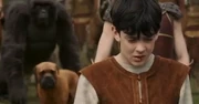 A gorilla standing beside a dog brhind Edmund at the arrival of Jadis and her army