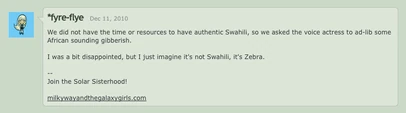 Comment by Lauren Faust describing the language Zecora speaks