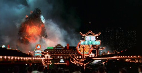 Godzilla queimando Hong Kong