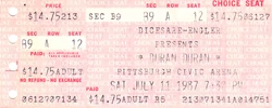 Duran duran ticket pittburgh civic arena 11 july 1987