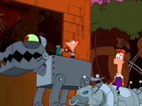 Phin, Ferb, Perry on robot dog and mechanical bulls