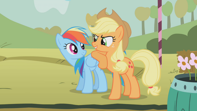 File:Applejack leaning on Rainbow Dash S01E13.png