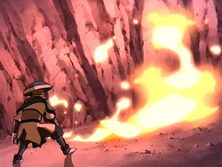 Soldier evading a fire blast