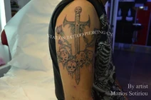 Tattoo skulls and dagger, arm,shoulder,black and g