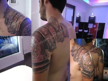 Tattoo black and grey realistic Armor shoulder arm - 1738372658372