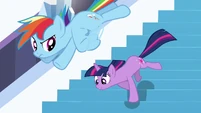 Twilight and Rainbow heading down the stairs S3E2
