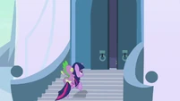 Twilight and Spike approaching the doors S3E2