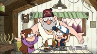 S1e2 Mabel, Dipper, and Grunkle Stan discussing 