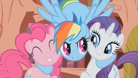 Rainbow Dash hugs Pinkie Pie and Rarity S1E07