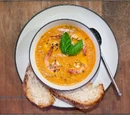 Heirloom Tomato Basil soup with grilled Lemon Thyme shrimp