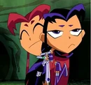 Starfire (Earth-Teen Titans) and Blackfire (Earth-Teen Titans) Hugging.JPG