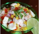 Shrimp and Scallop Ceviche and Grilled Avocado in a Papaya-Ginger Vinaigrette