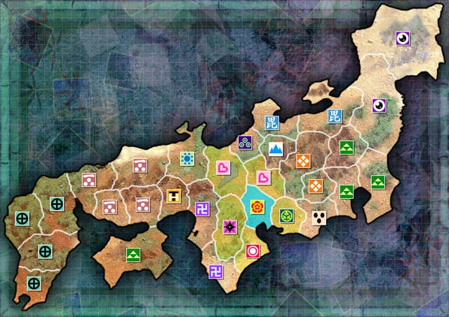 (c)アリスソフト Territory holdings of each house at the beginning of Sengoku Rance.