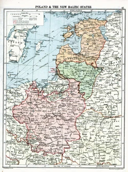 1920 map from The Peoples Atlas showing the situation of Poland and the Baltic states with their still-undefined borders after the treaties of Brest-Litovsk and Versailles and before the Peace of Riga.