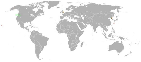 Mapa localizador de explosiones nucleares registradas durante la Crisis UKend y el Incidente Pacifico in 2008.Los cuadrados rojos son las explosiones nucleares a nivel del suelo y los puntos verdes son radiacion detectada sin diferenciar niveles.