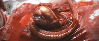 The head and tail of an alien creature is emerging from the ruptured chest cavity of a dead man. The small eyeless creature is beige in color, has sharp metallic-looking teeth and a long segmented tail. A signficant amount of blood covers the creature and the man's body.