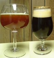 Barley wines' color ranges from a translucent deep amber, to cloudy mahogany (left), to an almost black opaque (right)