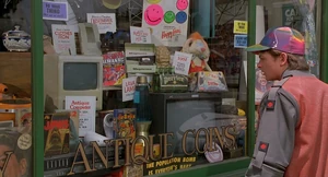 The display window of the shop with various items from the 1980s.