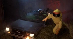 Marty trips as he leaves the DeLorean.
