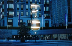 The Double Helix at night, with the glowing rods imitating the DNA's Nucleotides