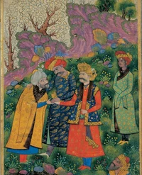 Mahmud and AyazThe Sultan is to the right, shaking the hand of the sheykh, with Ayaz standing behind him. The figure to his right is Shah Abbas I who reigned about 600 years later.Tehran Museum of Contemporary Art, Tehran