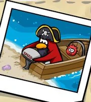 A picture of Rockhopper and Yarr arriving Rockhopper Island. This possibly proves the existence of sand beaches (instead of snow beaches) and shells.