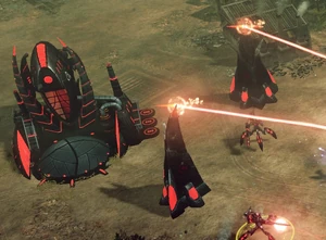 A Nod Defense Crawler sits behind two Obelisks