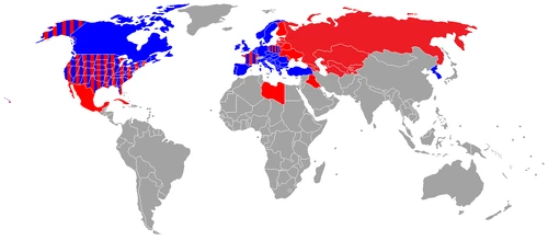 World Map of GWIII.  Blue indicates Allied nations.  Red indicates USSR and major World Socialist Alliance members.  Striped Red and Blue represents areas that the Soviets invaded during the conflict.