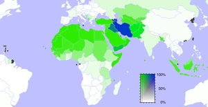 O islão no mundo contemporâneo: o verde representa uma maioria sunita e o azul uma maioria xiita
