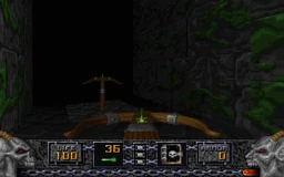 Ethereal Crossbow held and on floor in Heretic E1M2.