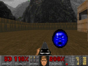 A soul sphere found in a secret area in E1M2: Nuclear Plant.
