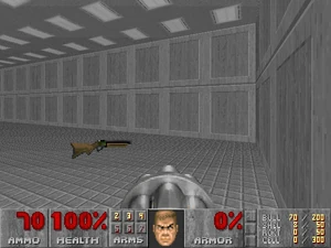A super shotgun in the first room of 1SQUARES.WAD.