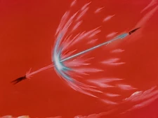 Majuub (upper right) fires his Chocolate Kamehameha against Super Baby Vegeta's Final Flash.