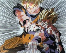Goku and Gohan fire the Father-Son Kamehameha against Super Perfect Cell.
