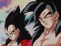 Goku and Vegeta in their Super Saiyan 4 forms.