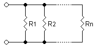A diagram of several resistors, side by side, both leads of each connected to the same wires