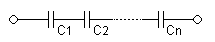 A diagram of several capacitors, connected end to end, with the same amount of current going through each