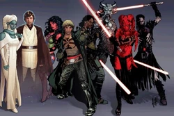 Personajes de Legacy I-D: Astraal Vao, Luke Skywalker, Deliah Blue, Cade Skywalker, Jariah Syn, Darth Krayt, Darth Talon & Darth Nihl.