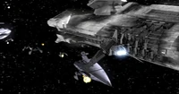 Un transporte orbital de la República llevando a la Jedi Exiliada con sus compañeros y al Mandalore Canderous Ordo con sus soldados a punto de abordar al Devastador.