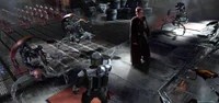 Jango arrestando con varios droidekas a Anakin Skywalker en Geonosis.